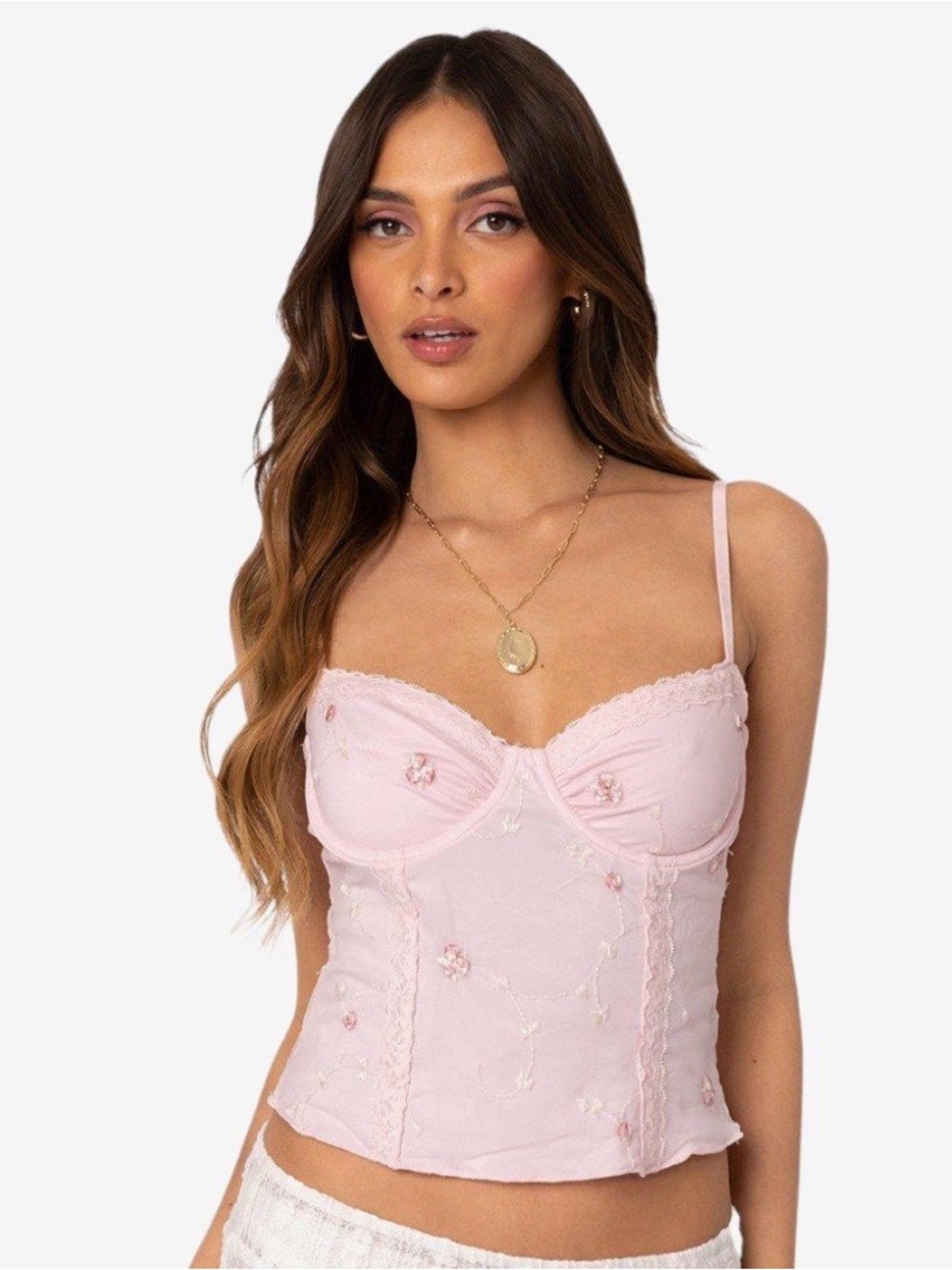 Edikted Pink Embroidered Lace-Trim Camisole